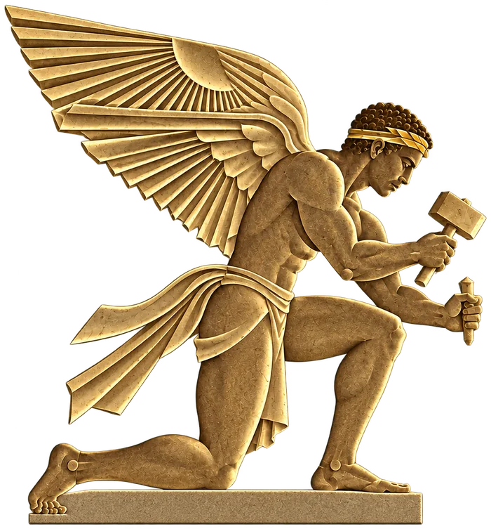 Gold relief of a winged builder kneeling on a stone base, shaping stone with a hammer and chisel