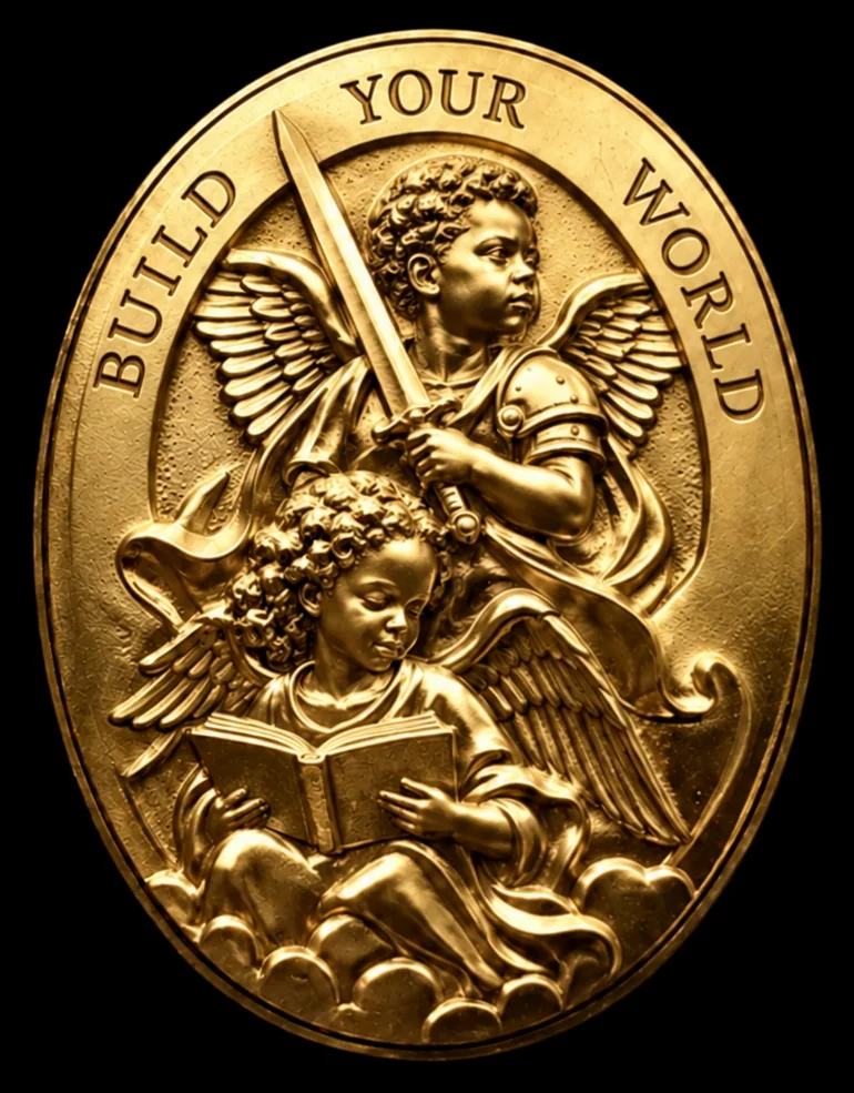 Gold medallion reading Build Your World, with two winged children in relief, one holding a sword and one reading a book