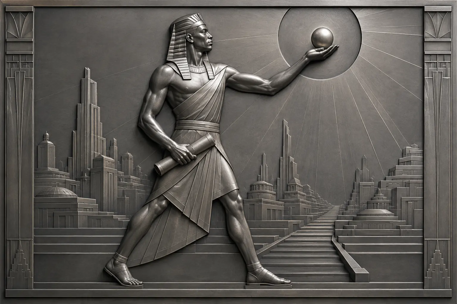 Metal relief of a figure in a striped headdress striding toward a staircase that rises into a city of towers, a scroll in one hand and an orb raised toward the sun in the other